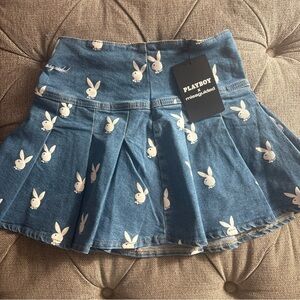 Missguided x Playboy Pleated  Mini Skirt NWT Bunny Heads Denim Party Club